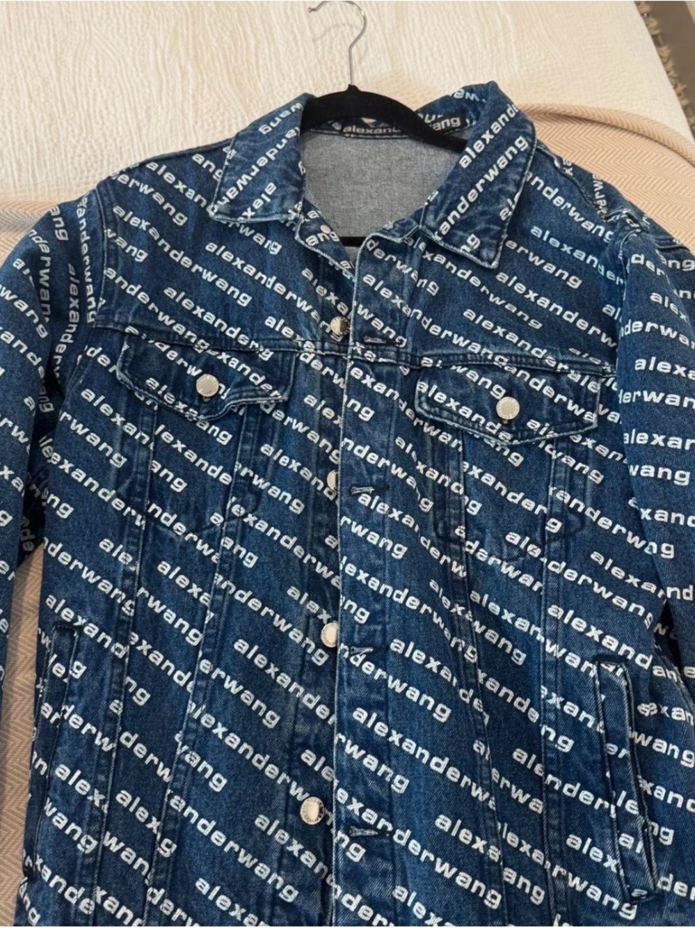 Alexander Wang Navy Denim Logo Jacket with White Print